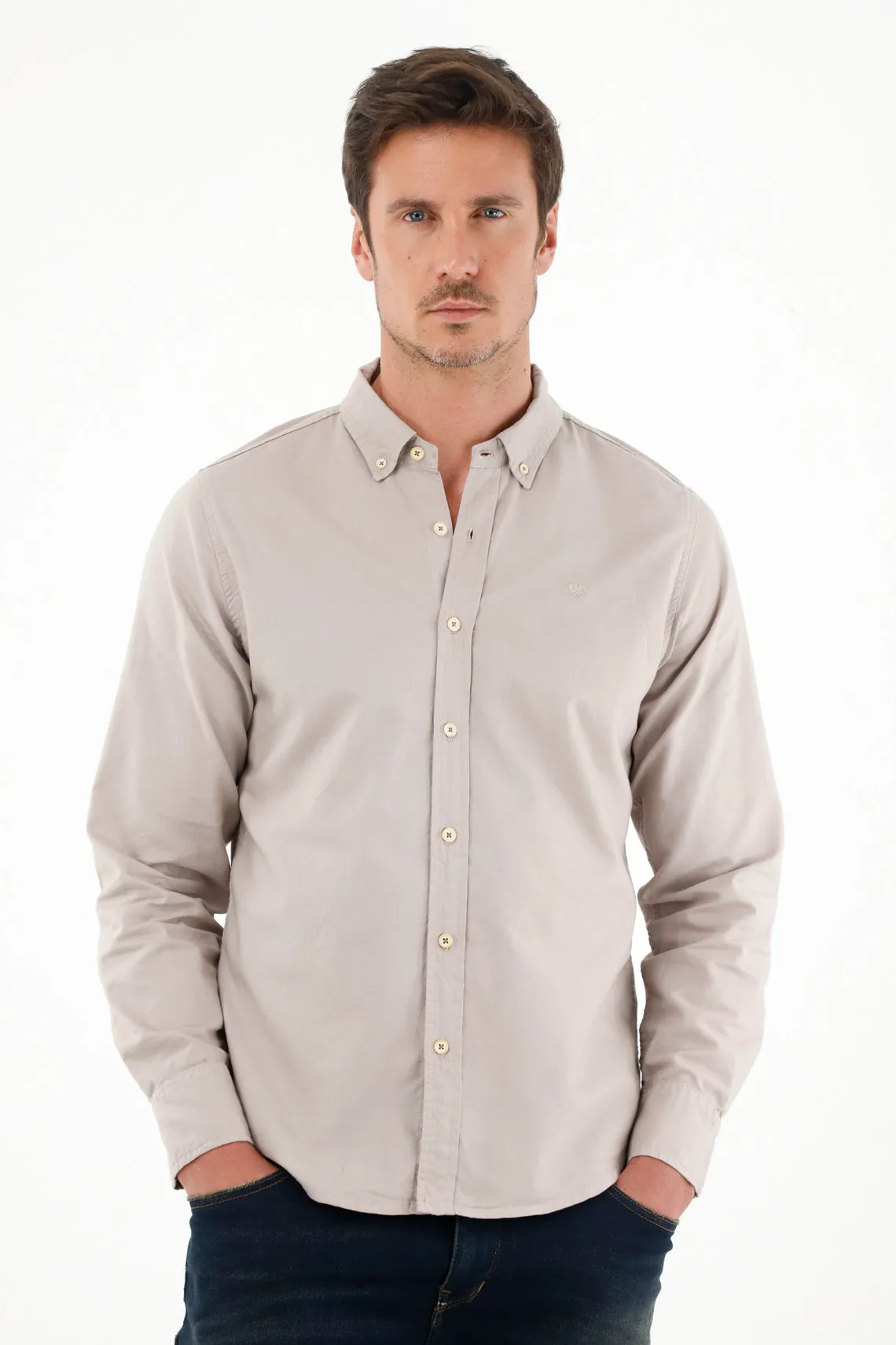 Camisa de silueta clásica con raqueta bordada gris para hombre