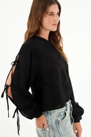 Camisa negra manga larga amplia para mujer