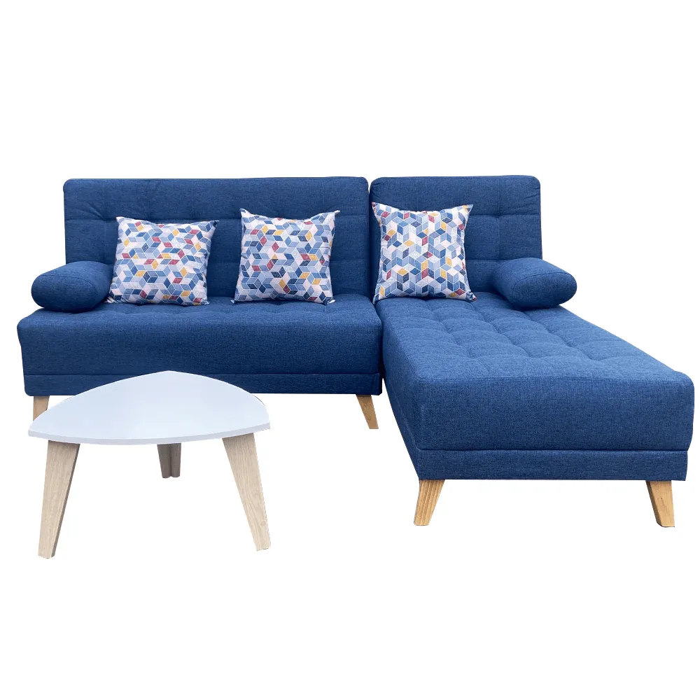 Combo Sofa en L Cama  Bridge Tela Azul   3 Cojines Decorativos   Mesa Centro