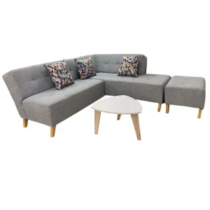 Combo Sofa en L  En L Nordica Tela Gris   Puff   Mesa de Centro   3 Cojines Decorativos