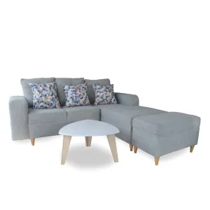 Combo Sofa en L  Turquia Tela Gris   Puff   Mesa de Centro   3 Cojines Decorativos