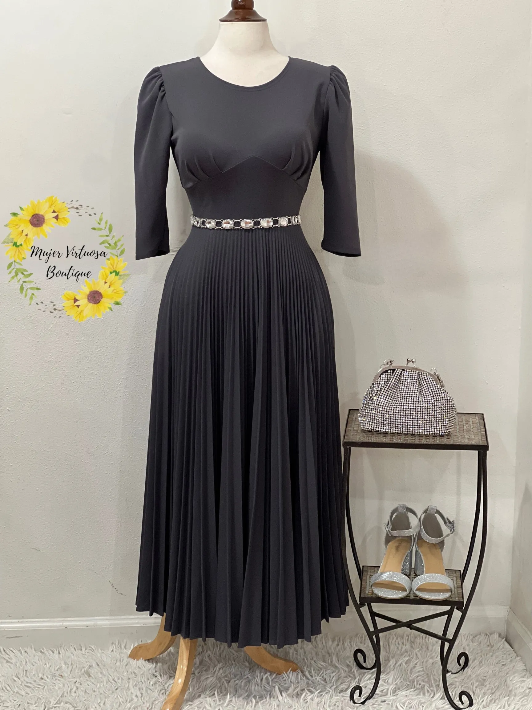 Cristel Dark Grey Pleated Dress