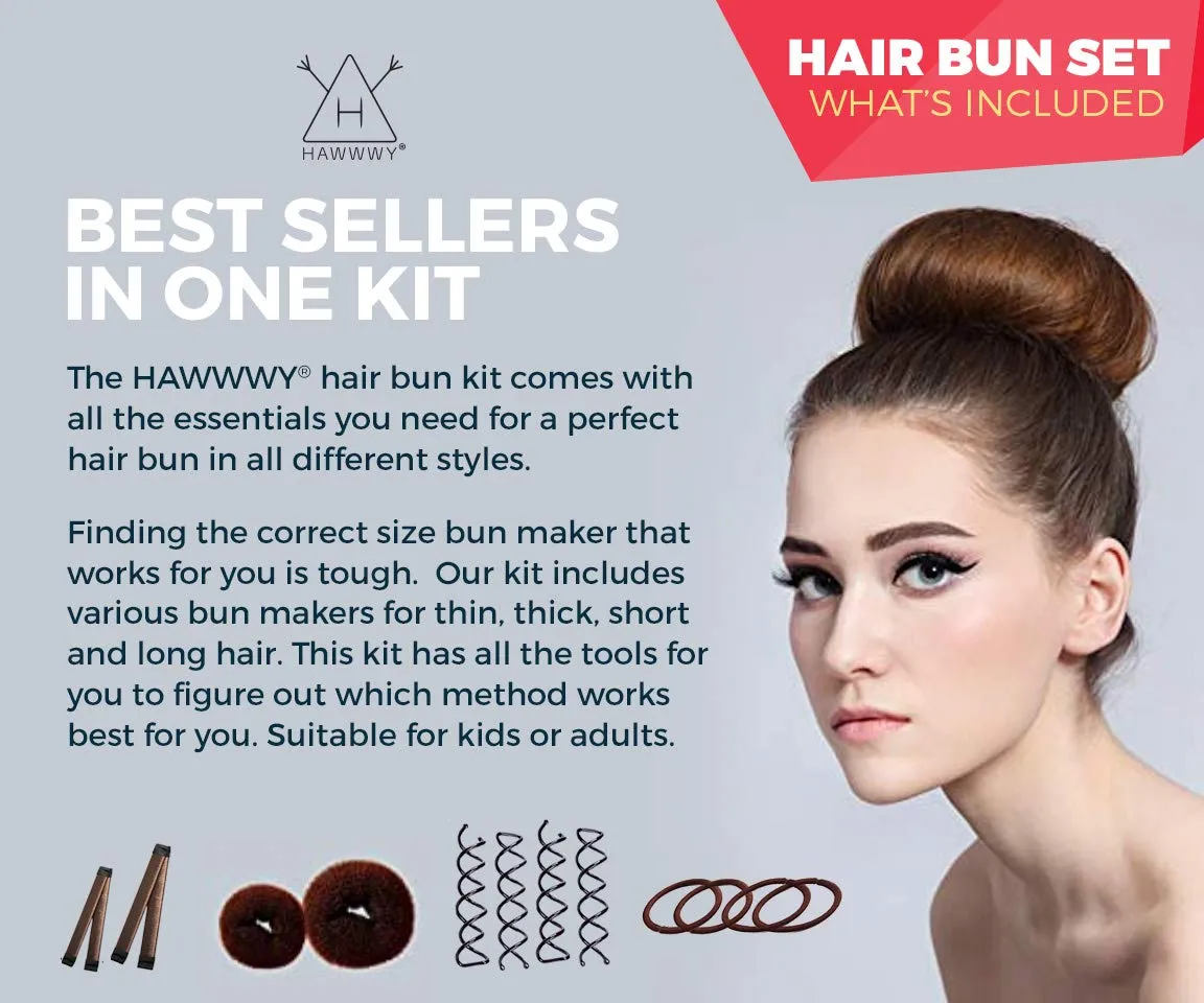 Hawwwy 12-piece Hair Bun Maker, Easy Fast Bun Tool Best Sellers Kit Short Long Full Thin