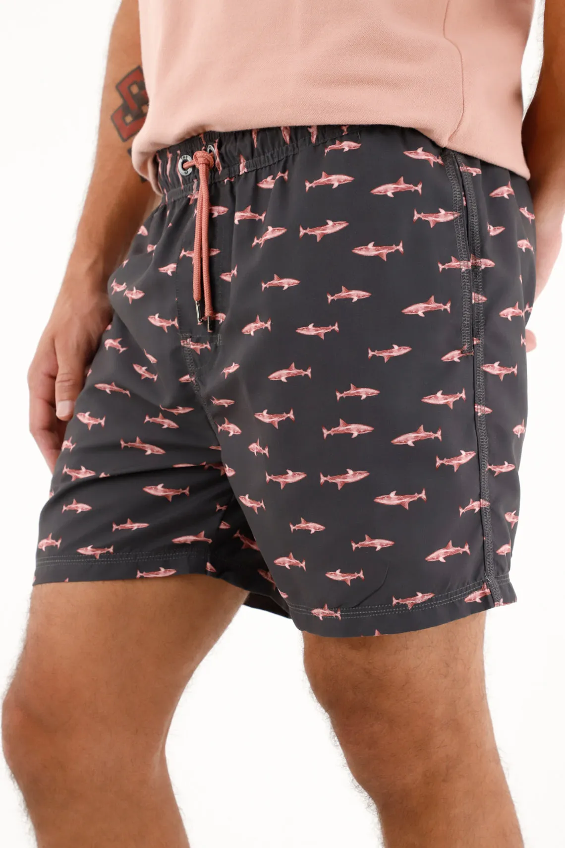 Pantaloneta de baño con estampado de tiburones para hombre