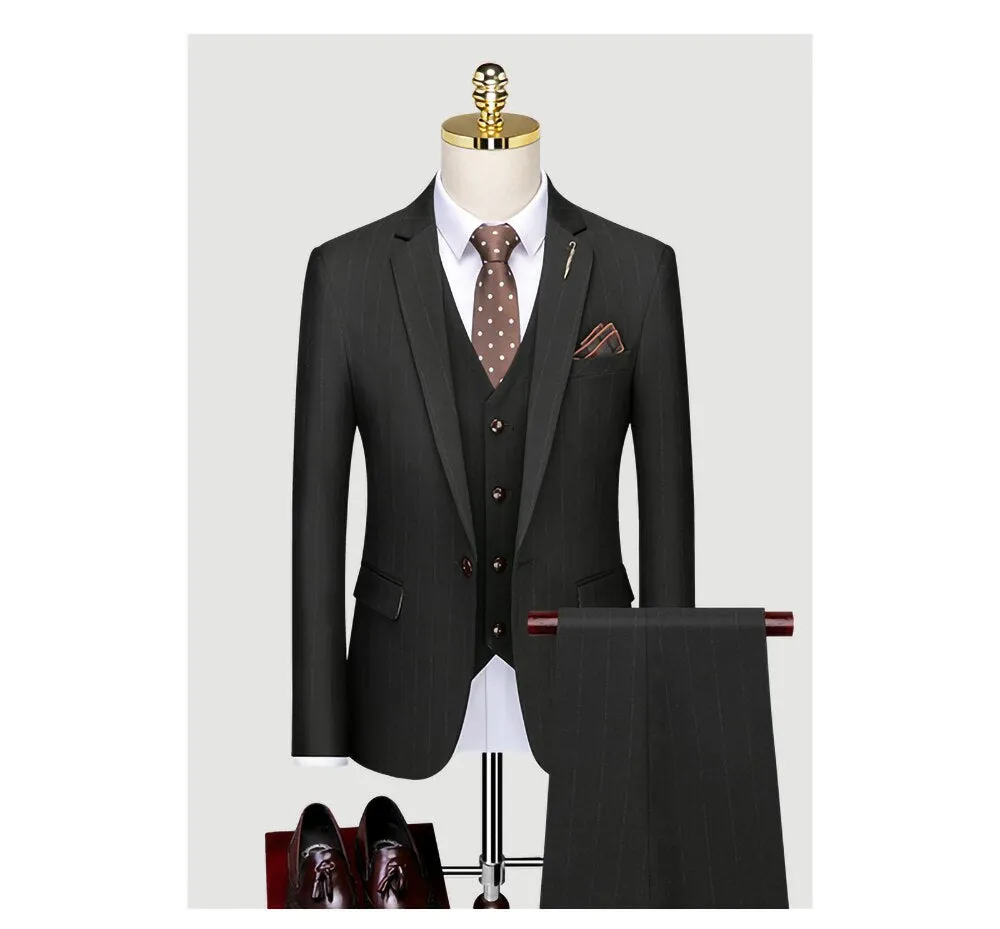 Suit Men's Three Piece Suit Korean Version Slim Fit Handsome Stripe Small Suit Groom's Wedding Dress Men's