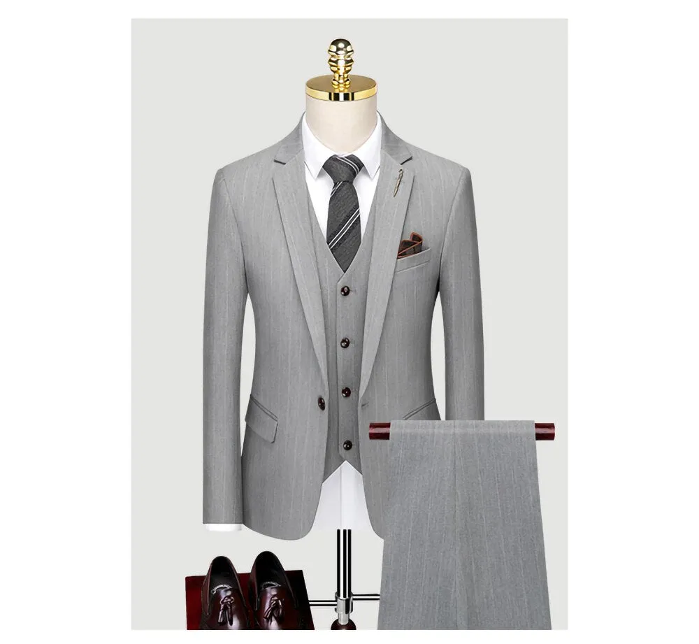 Suit Men's Three Piece Suit Korean Version Slim Fit Handsome Stripe Small Suit Groom's Wedding Dress Men's