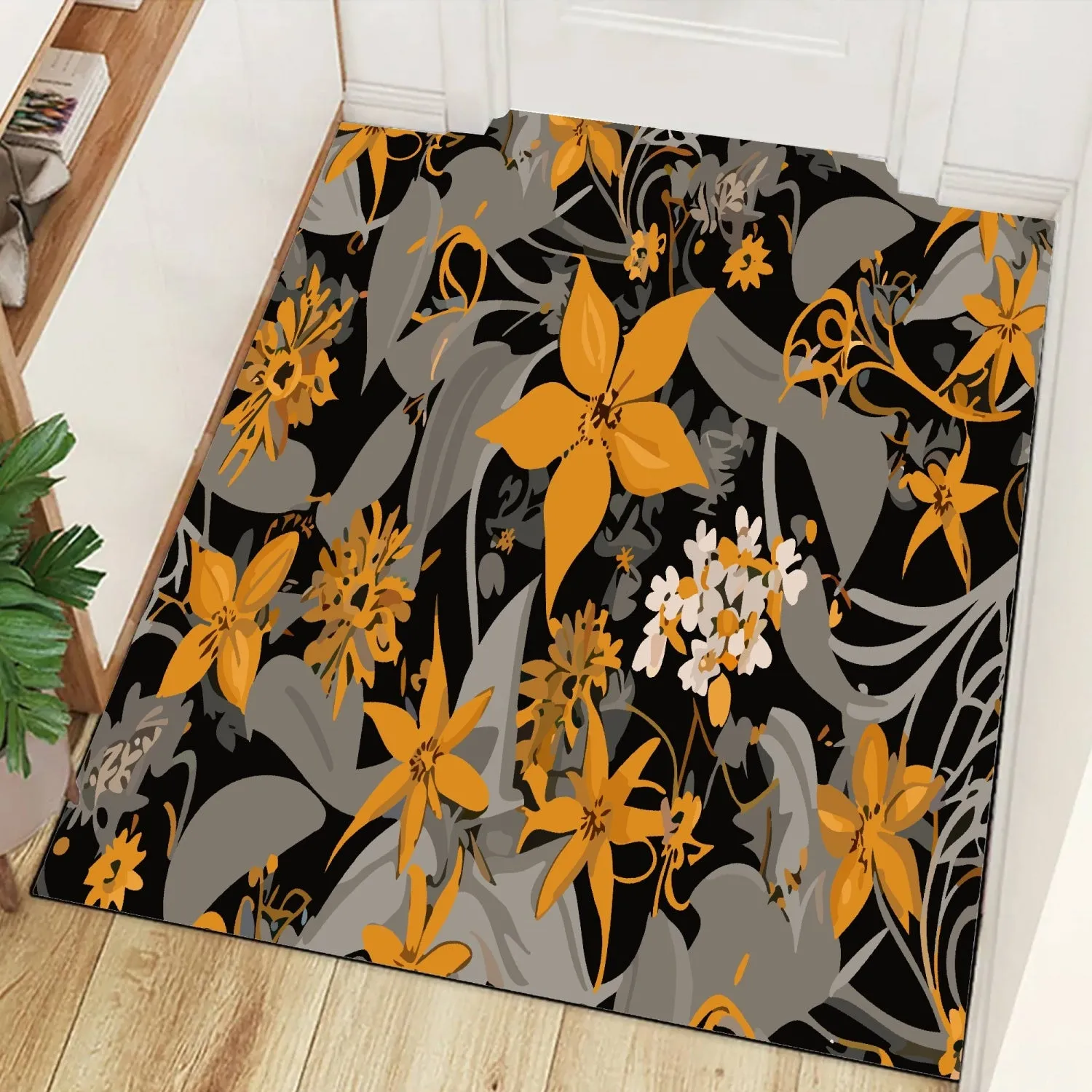 Tapis de sol rectangulaire "Fleurs dorées et grises"